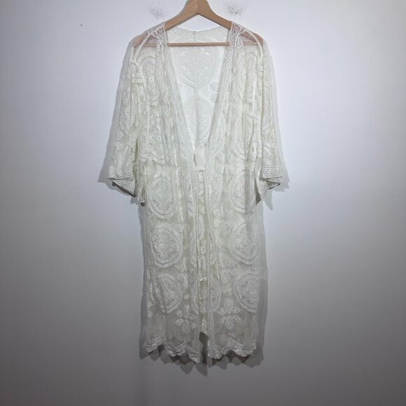 Sweaters - Womens White Lace Long Line Cardigan One Size Fairycore Boho Romantic